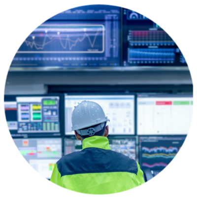 Worker looking at monitors